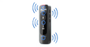 Black electronic device with blue icons and sound wave graphics on a white background