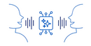 Illustration of two faces with sound waves and a central digital chip icon on a blue background