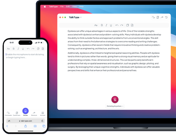 Phone and tablet displaying the TalkType app on a colorful gradient background