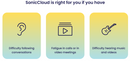 Graphic Text: SonicCloud is right for you if you have 1. Difficulty following conversations 2. Fatigue in calls or in video meetings 3. Difficulty hearing music and videos