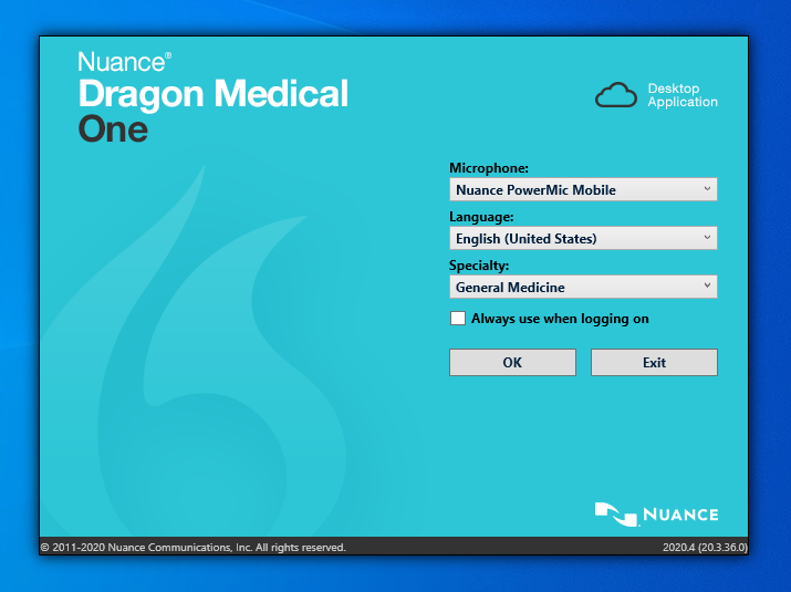 Screenshot of the Dragon Medical One DMO login  window displaying  drop-down lists allowing choice of Microphone, language and medical specialty