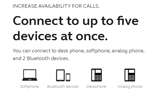 Connect up to five devices at once - softphone, bluetootth, deskphone, analog phone