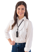 Image of women wearing the Sprek Personal Amplification lanyard